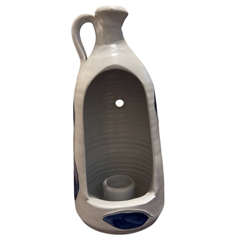 Williamsburg Pottery Grey and Cobalt Blue Salt Glazed Bottle Candle Holder